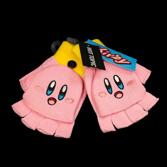 Kirby Convertible Fingerless Knit Gloves Embroidered Pink Nintendo Gamer New - Picture 1 of 6